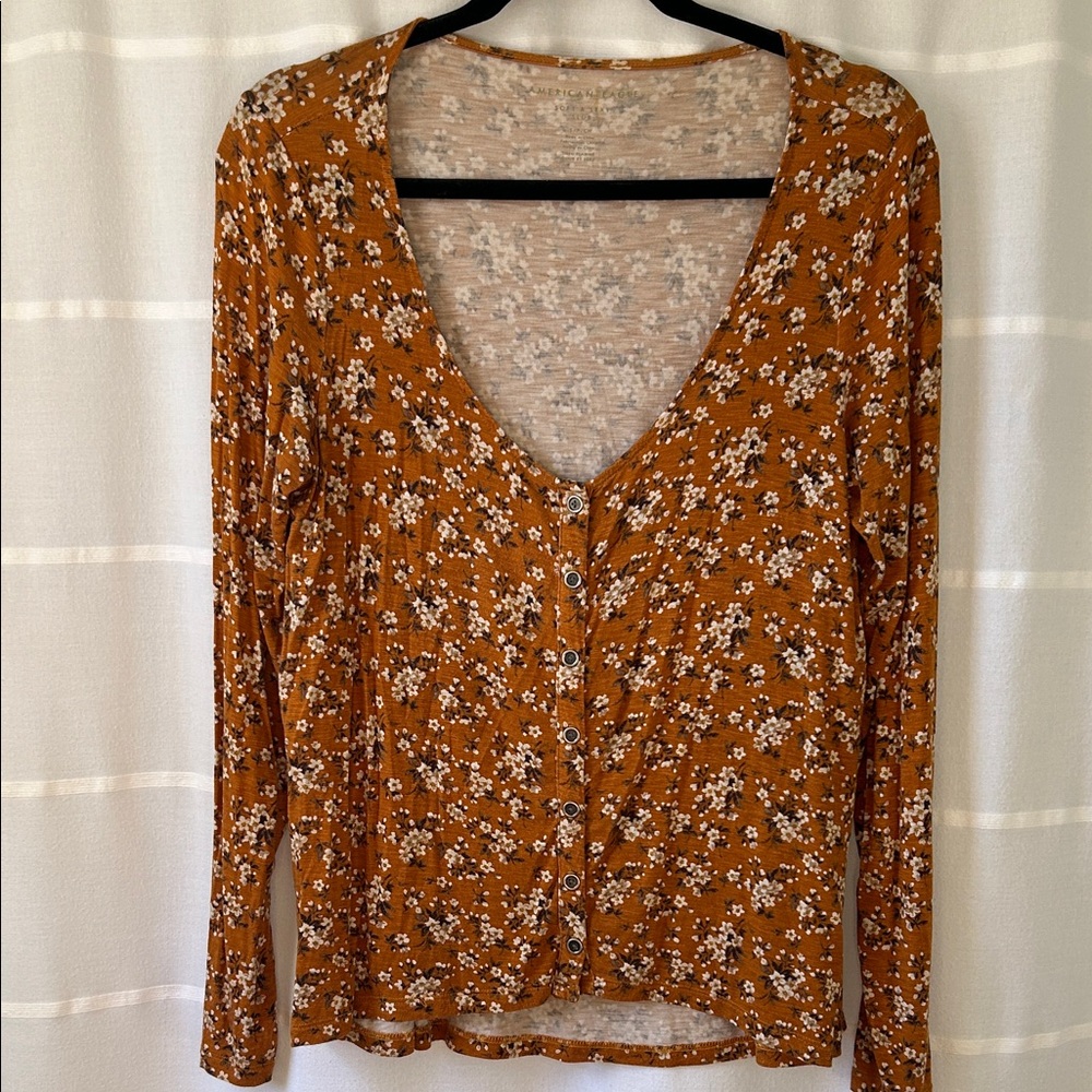 American Eagle Outfitters Mustard Floral Button-Down Shirt